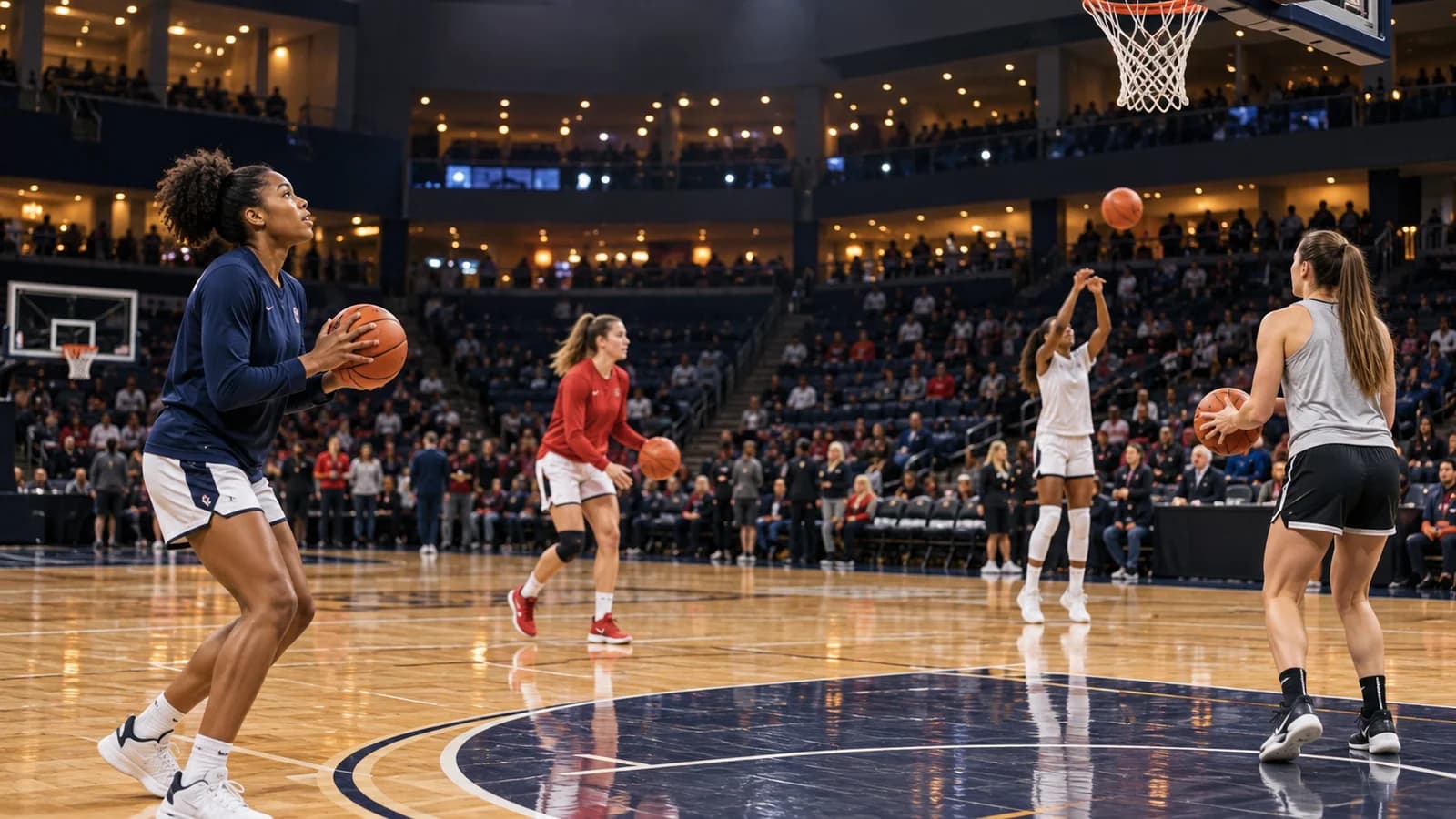 Four anonymous women’s college basketball players warm up in a generic arena before a doubleheader