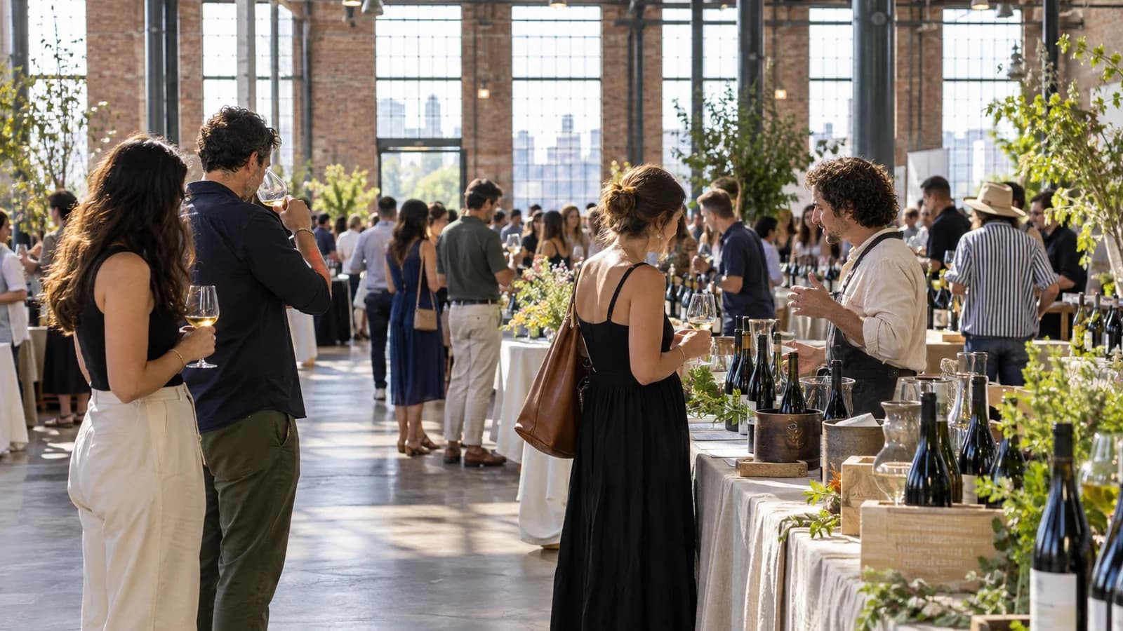 Original editorial illustration of adults speaking with growers and tasting small pours at a Brooklyn natural-wine fair