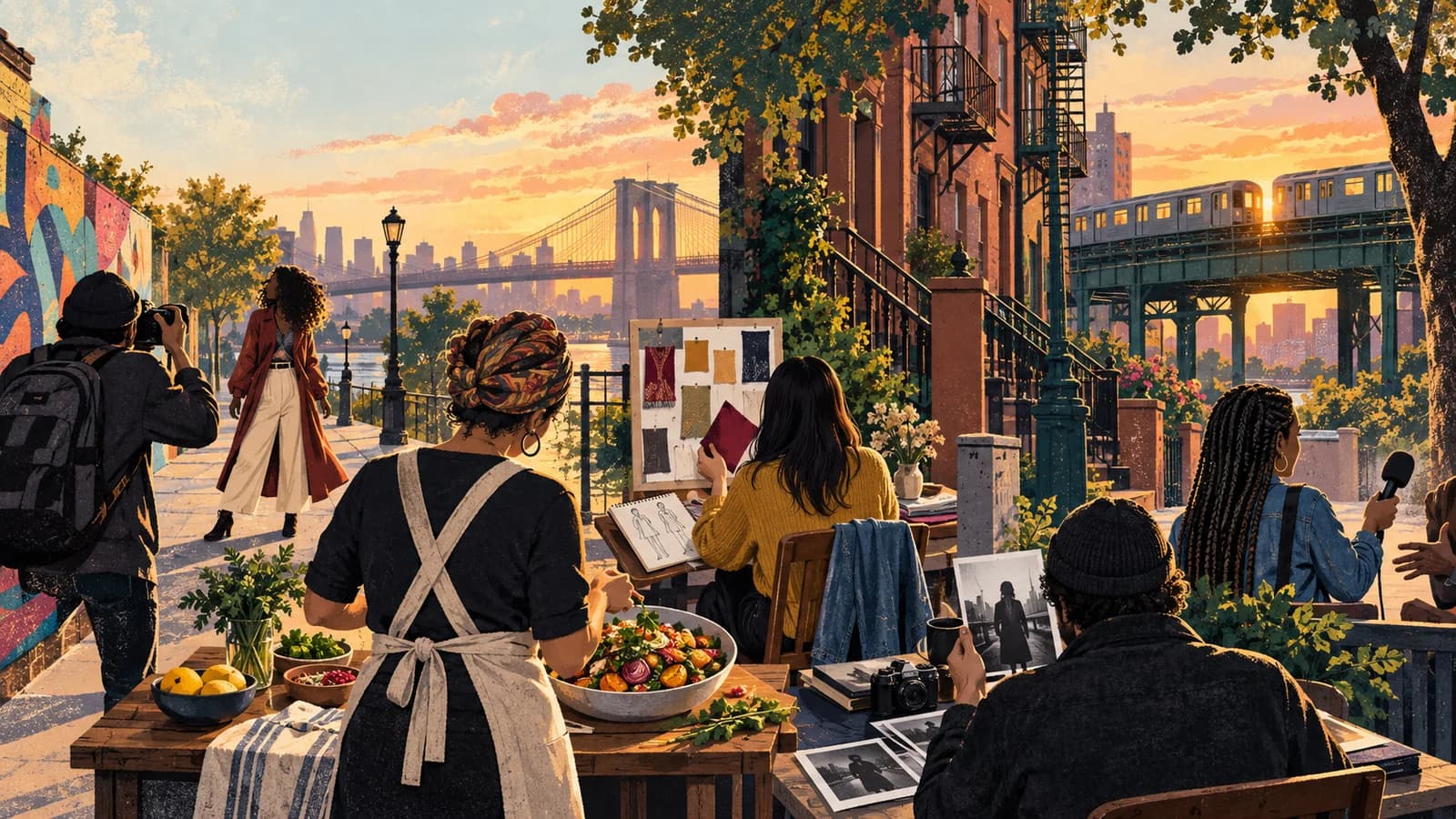 Editorial illustration of five Brooklyn creators working in street photography, cooking, fashion, portraiture and interviewing