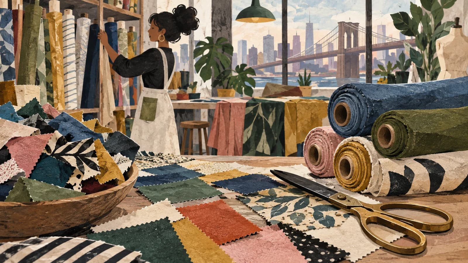 Conceptual editorial illustration for FABSCRAP Brooklyn Reuse Room; not a documentary depiction of the establishment.