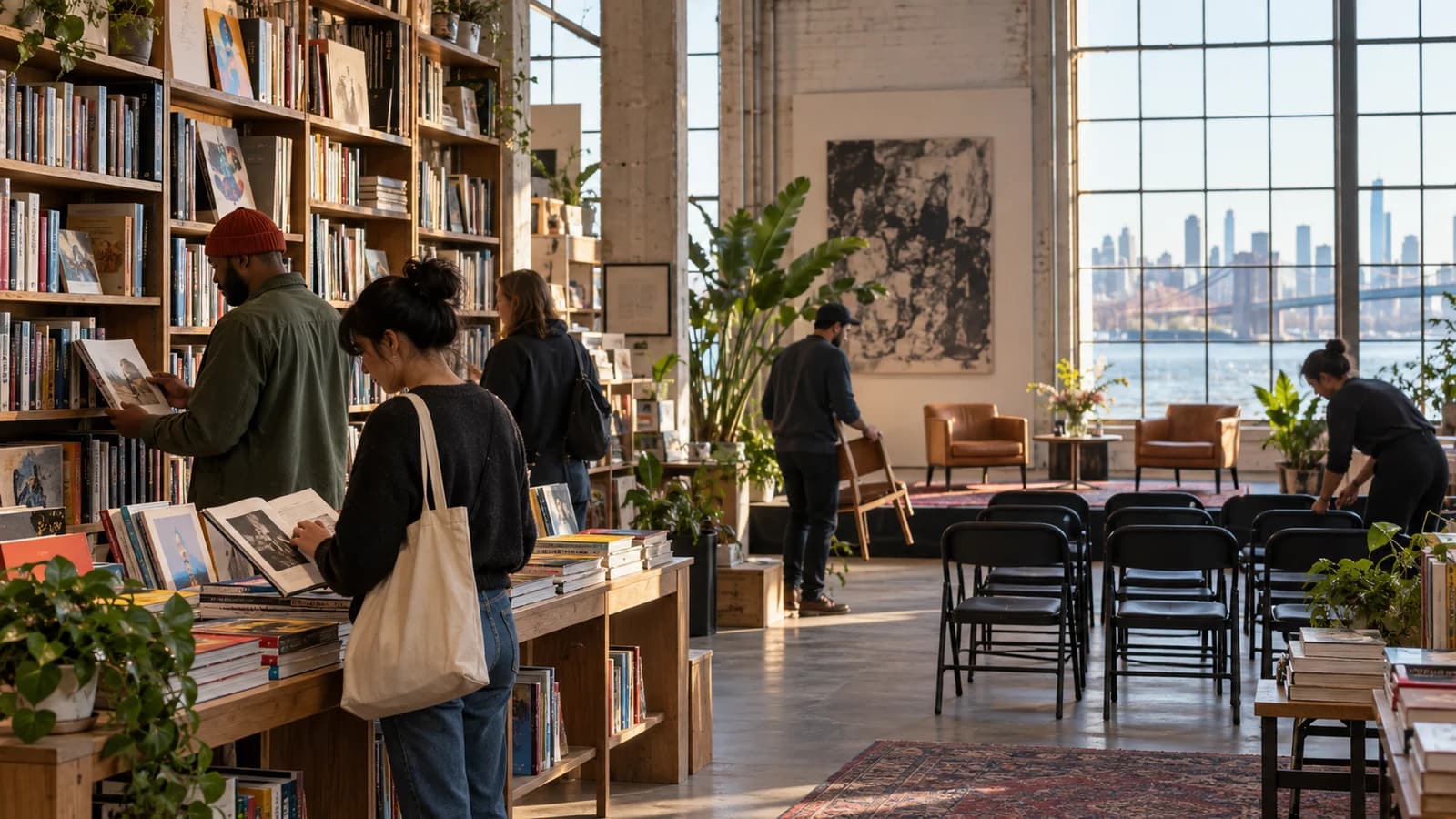Original editorial scene of readers browsing art books while a small author event is prepared in a Brooklyn bookstore