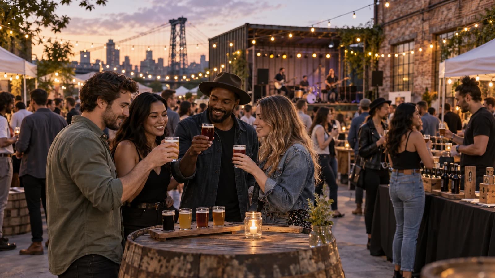 Original editorial scene of adults comparing small craft beer samples during a live-music festival in a Brooklyn industrial courtyard