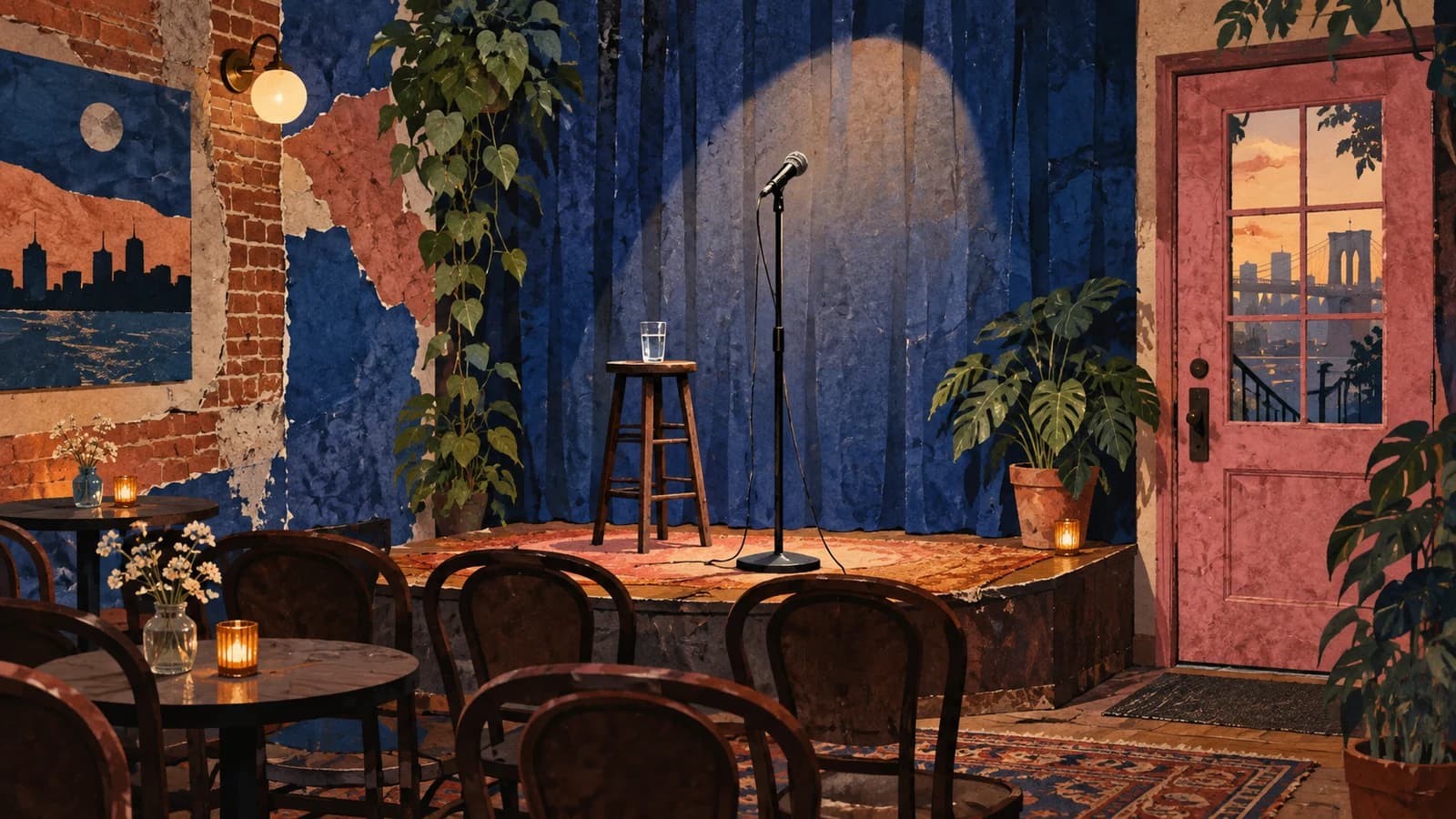Conceptual editorial illustration of comedy club planning in Brooklyn; not a documentary depiction of The Tiny Cupboard.