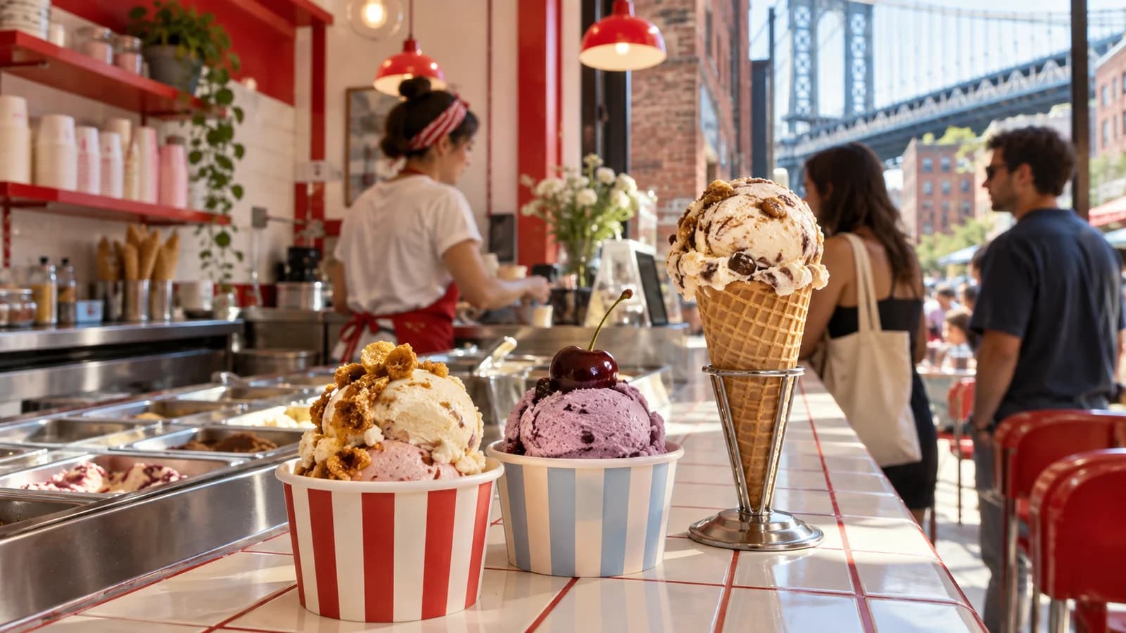 Three colorful ice cream servings at a bright red-and-cream DUMBO scoop counter with the Manhattan Bridge outside