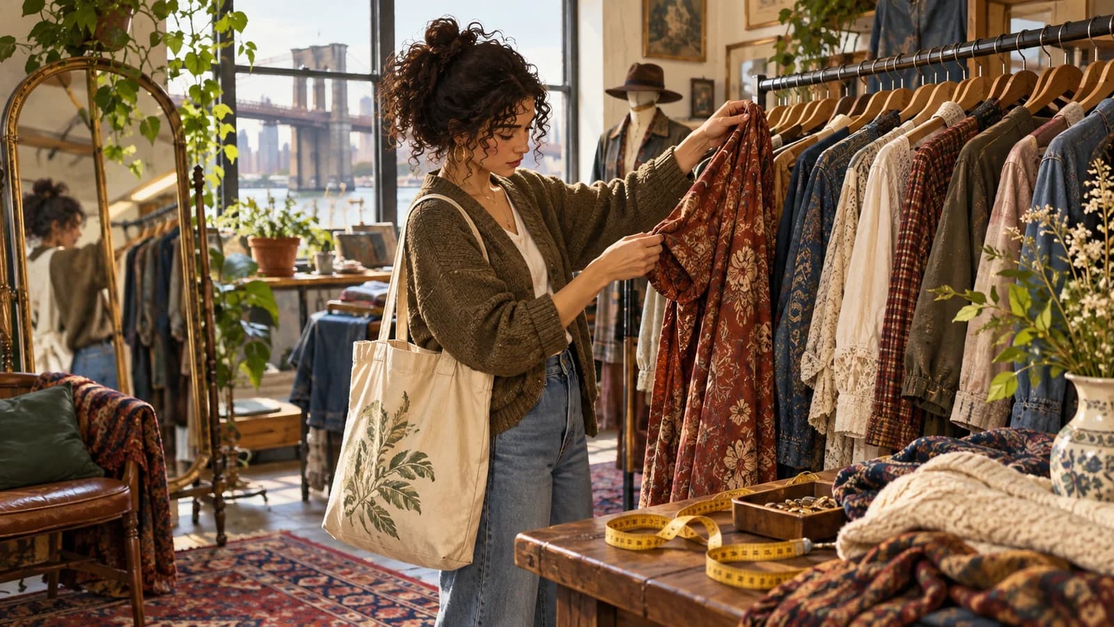 Shopper inspecting fabric and fit on a Brooklyn vintage clothing rack