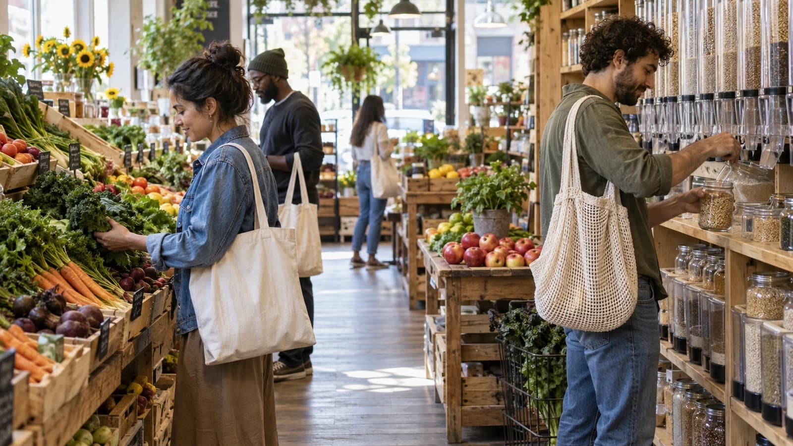 Original editorial scene of shoppers choosing produce and bulk pantry goods inside a neighborhood cooperative grocery