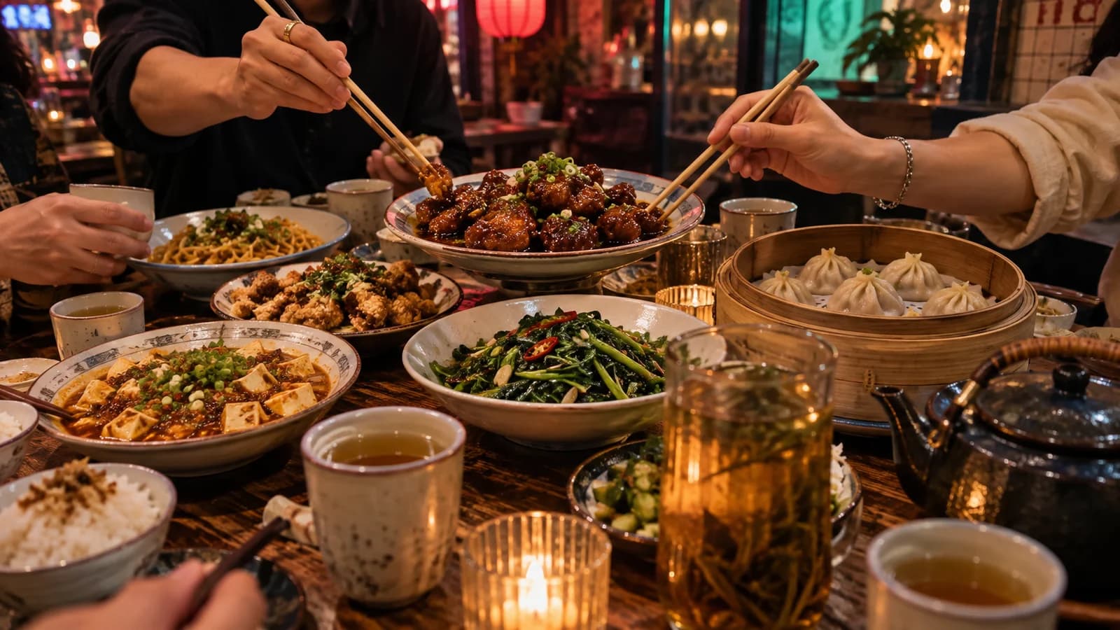 Friends sharing Taiwanese dishes, vegetables, rice, noodles and tea in a lively Greenpoint dining room