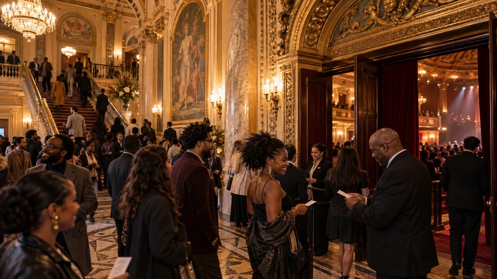 Original editorial image of concertgoers arriving through the ornate lobby of a restored 1920s theater in Flatbush