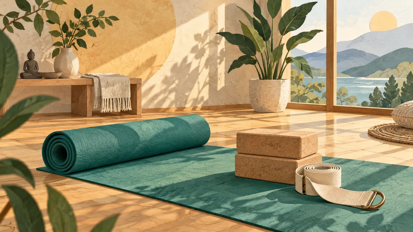 Conceptual editorial illustration for YogaSole — Sunset Park; not a documentary depiction of the venue.