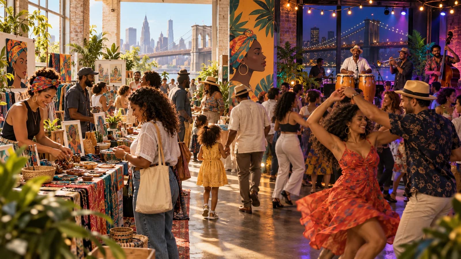 Editorial illustration of an Afro-Latin makers market transitioning into a salsa dance floor inside a Brooklyn arts venue.