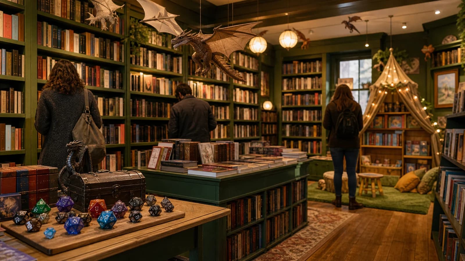 Cozy green fantasy bookstore with books, paper dragons, roleplaying dice, and browsing readers