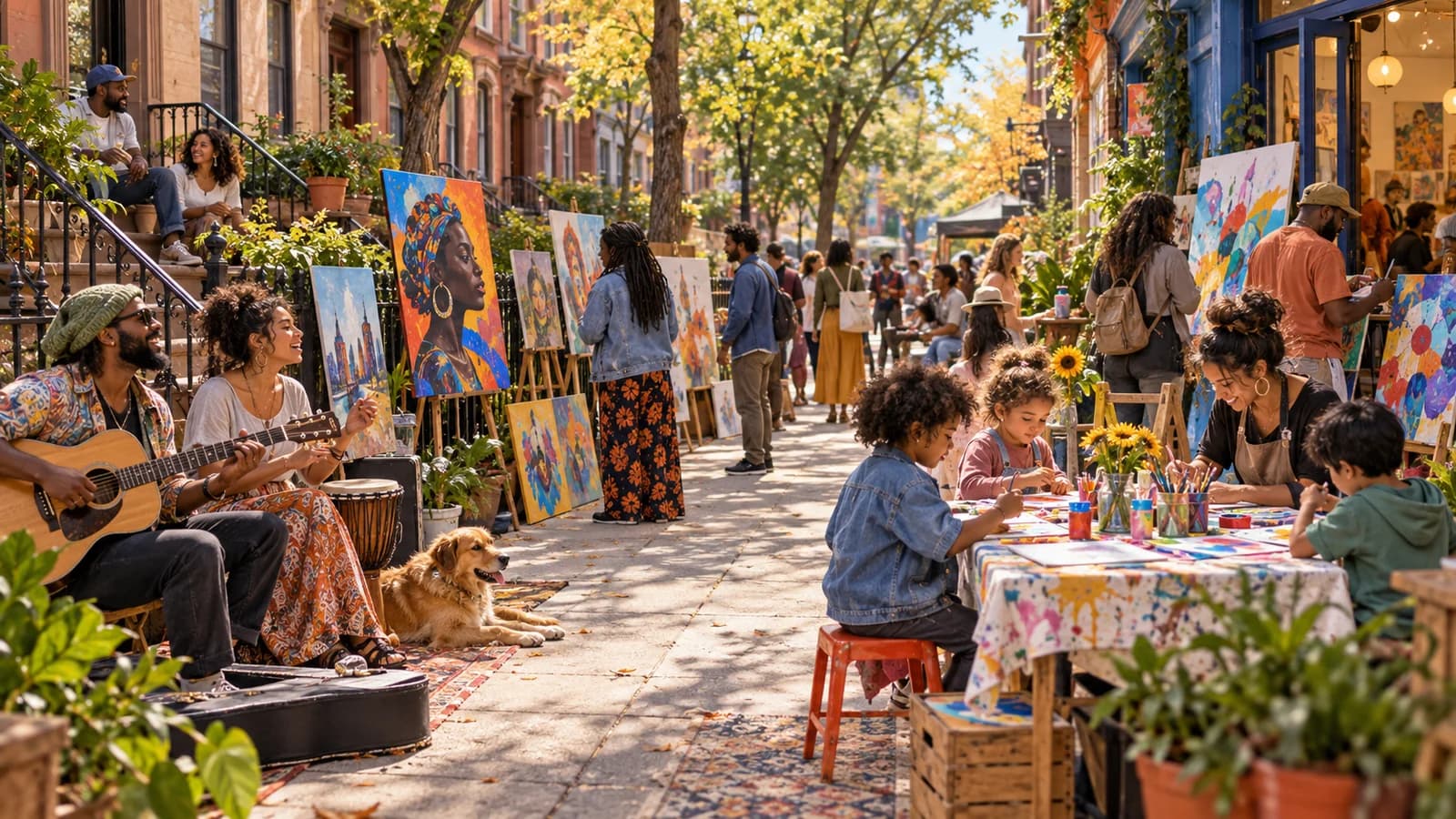 Conceptual editorial scene of neighbors exploring art and music along a Brooklyn block