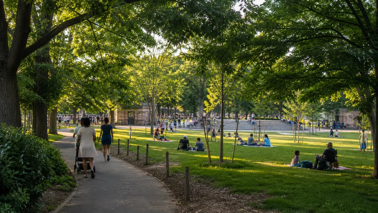 Tree-shaded paths and community lawn in Herbert Von King Park in Bed-Stuy