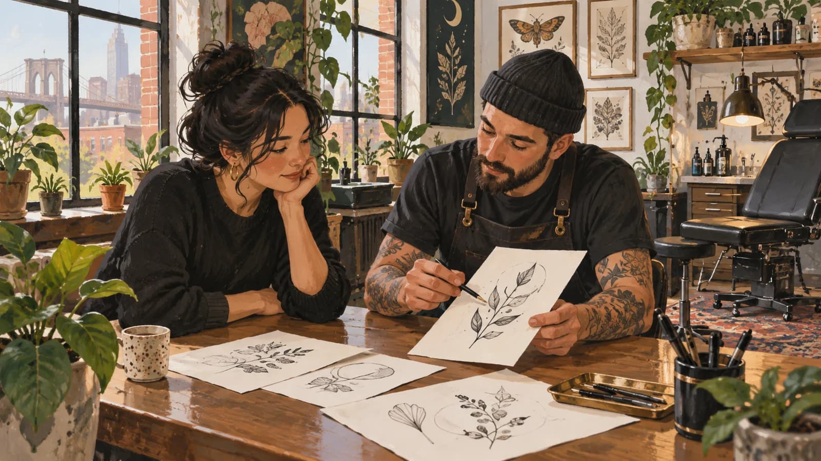 Conceptual editorial illustration of tattoo parlor planning in Brooklyn; not a documentary depiction of the venue.