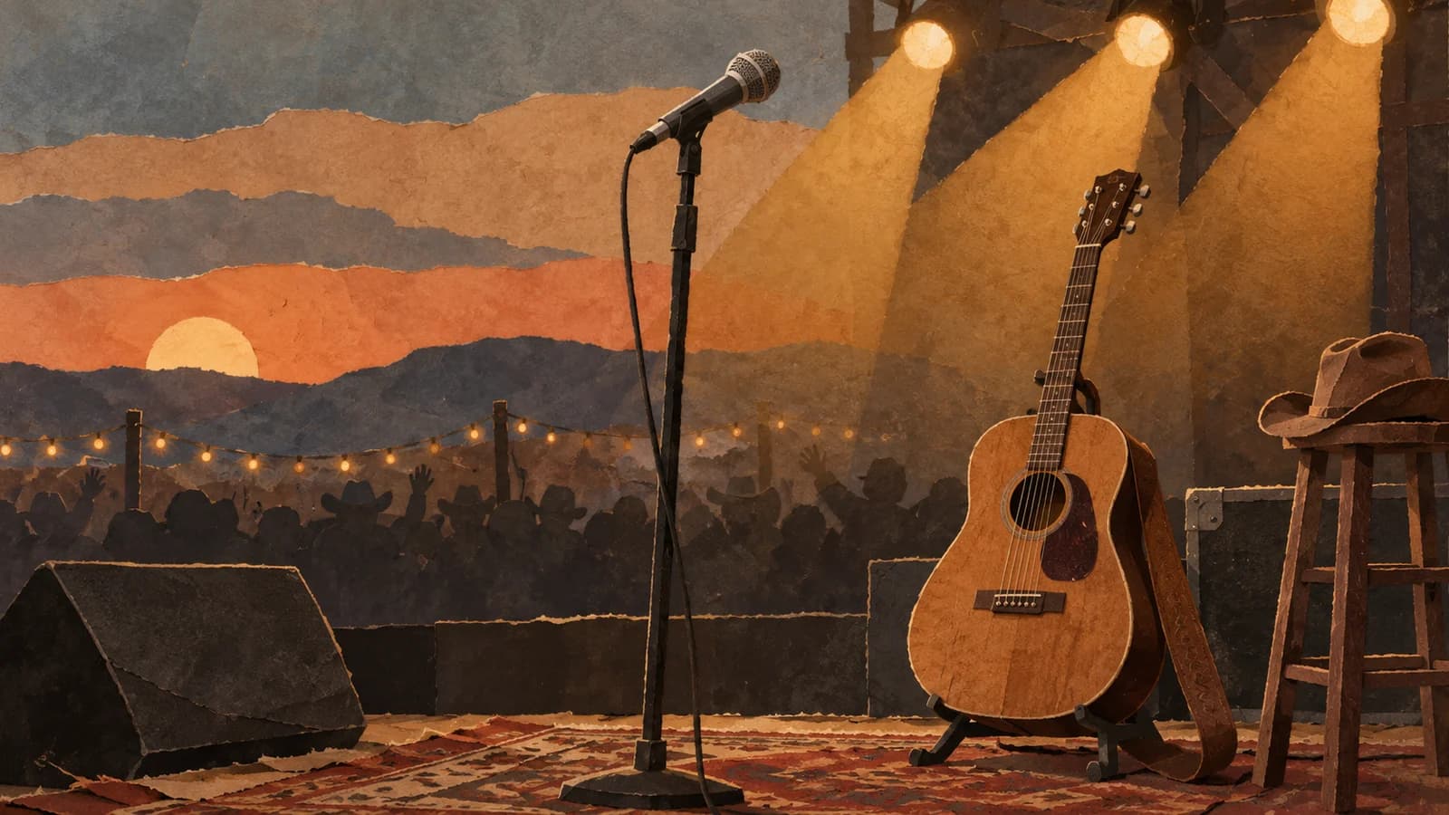 Conceptual concert illustration for Johnny Blue Skies & the Dark Clouds; not a depiction of the performer or actual show.