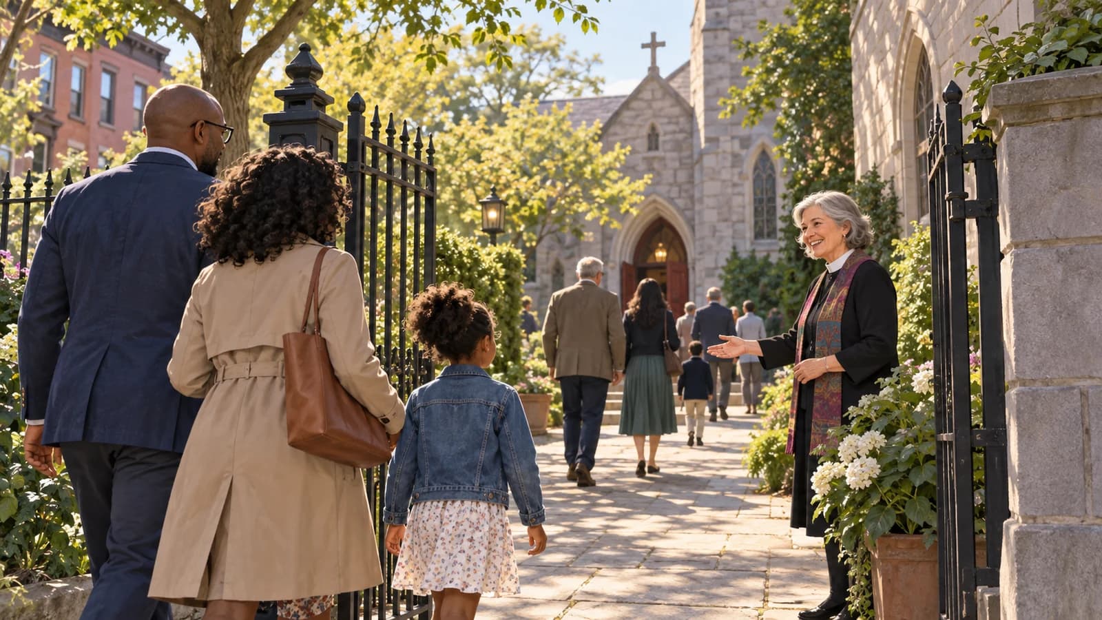 Original editorial scene of neighbors arriving respectfully through a gate for worship at a historic Brooklyn church