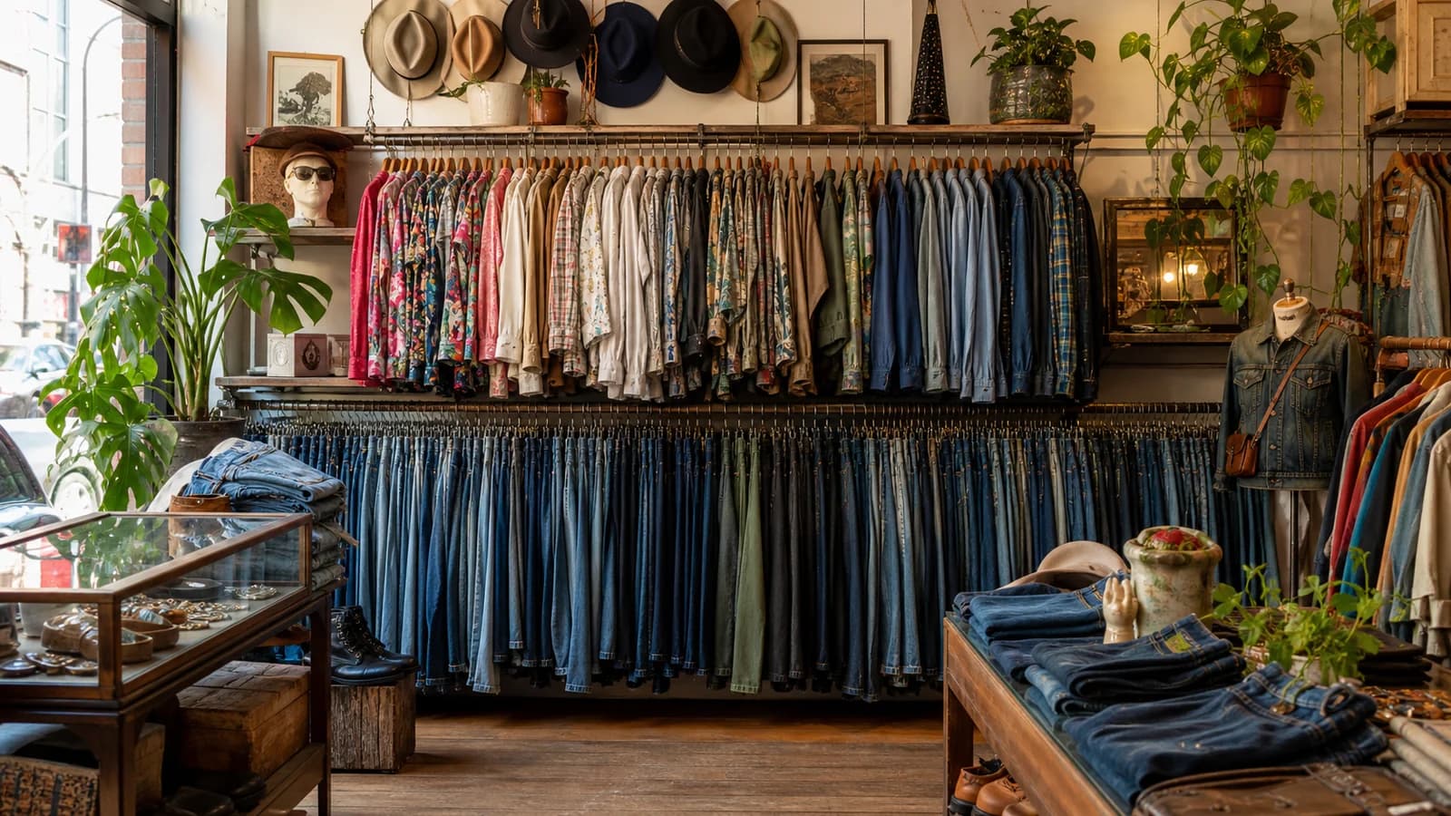 Orderly rows of vintage denim and patterned shirts in a warm Williamsburg boutique
