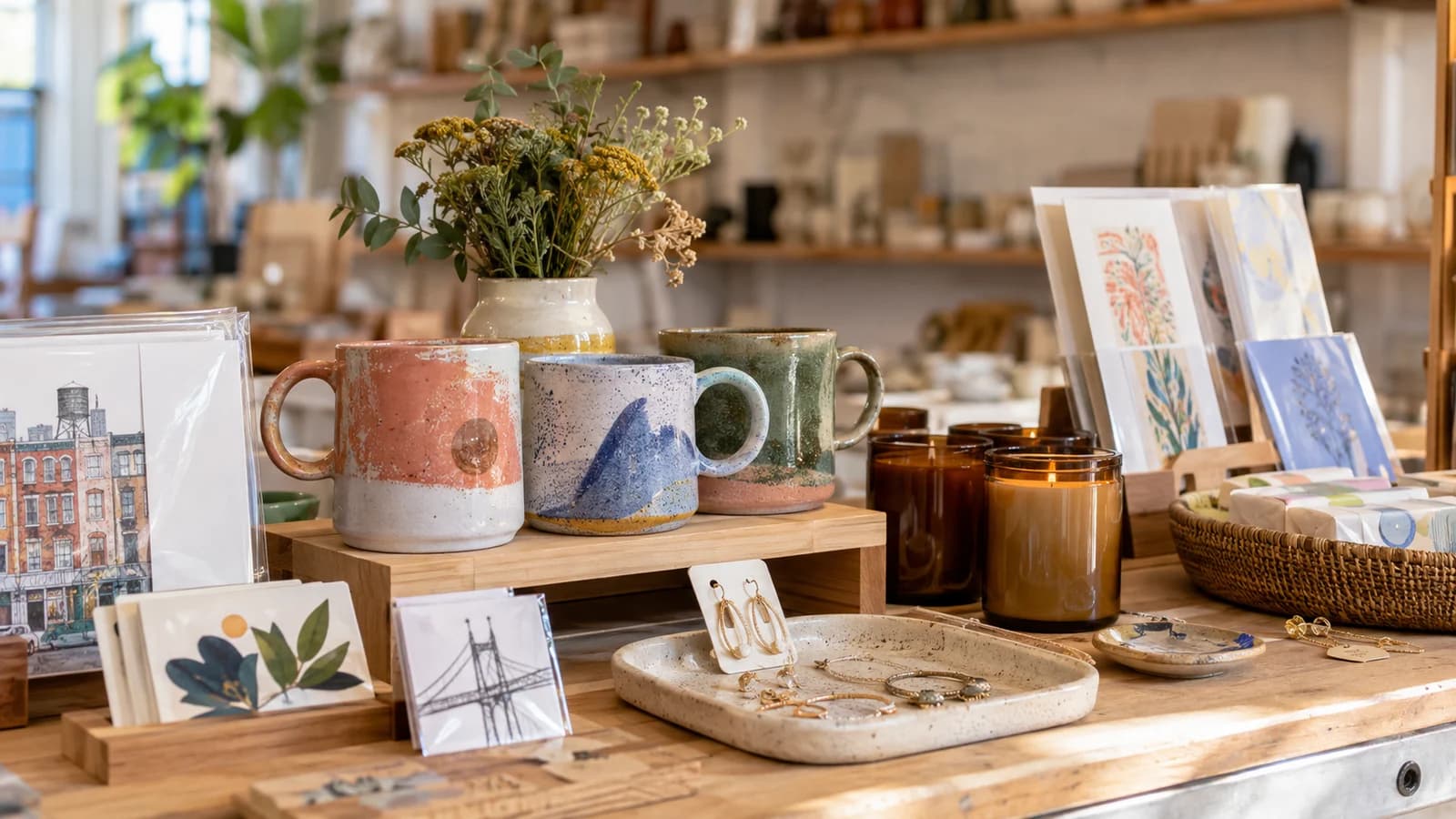 New York-made ceramic mugs, candles, cards, art prints, and jewelry arranged in a bright gift shop