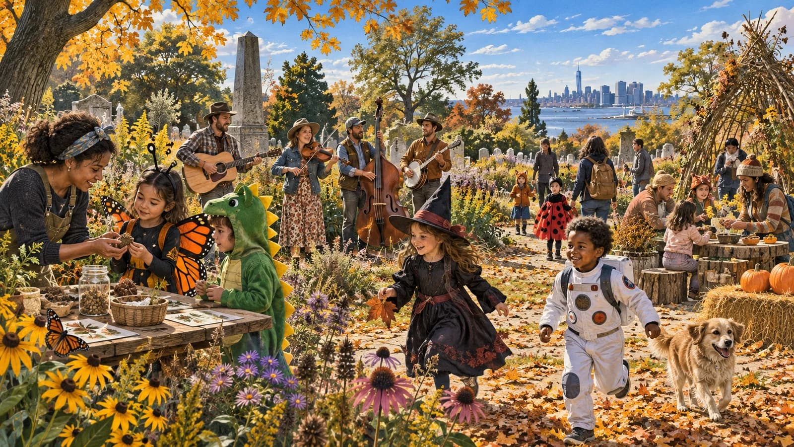 Costumed children, families and bluegrass musicians at a bright fall festival in the Greenway Botanical Garden