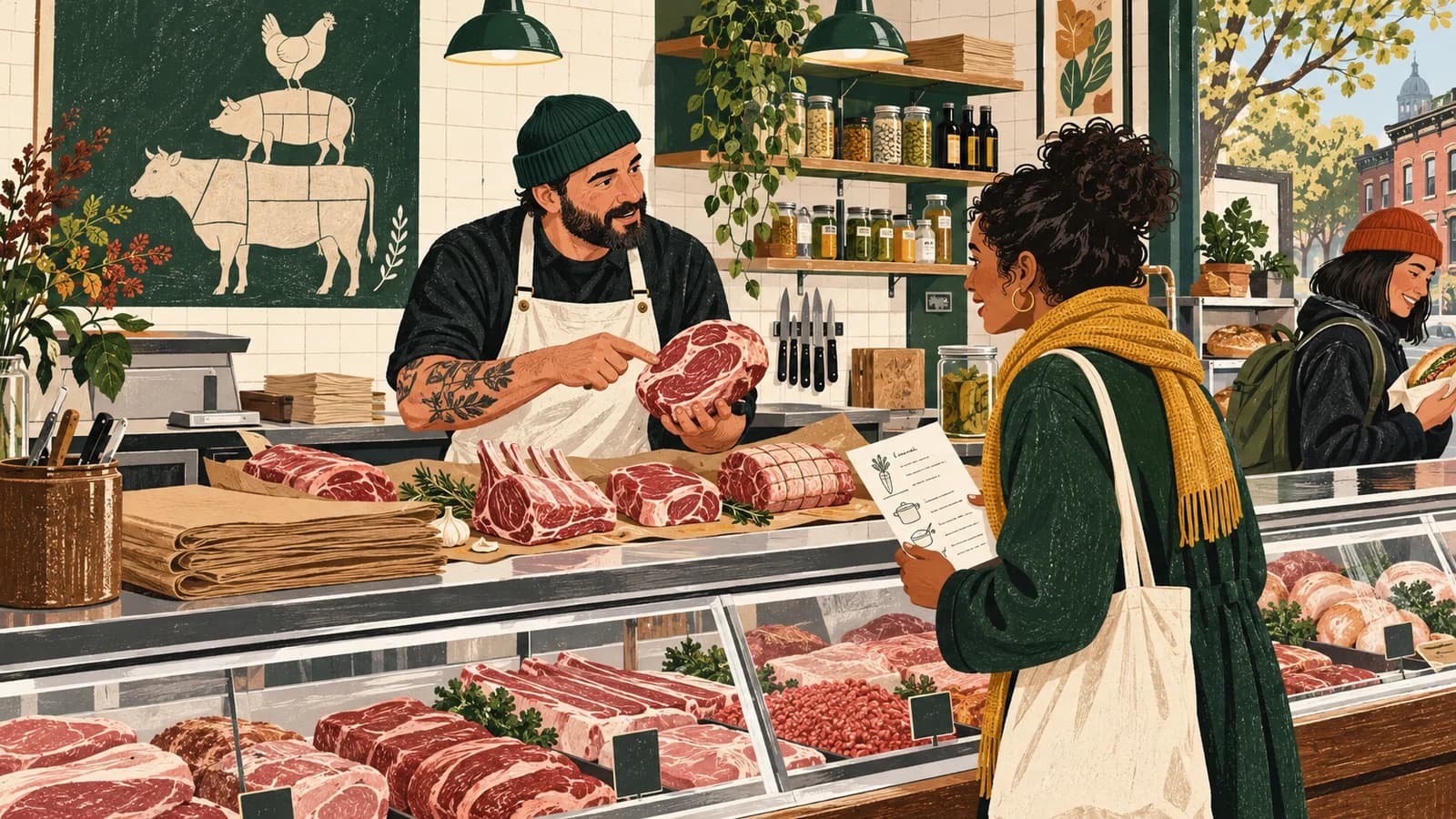 Original editorial linocut-style illustration of a butcher explaining several cuts to a customer holding a meal-planning list at a Brooklyn counter.