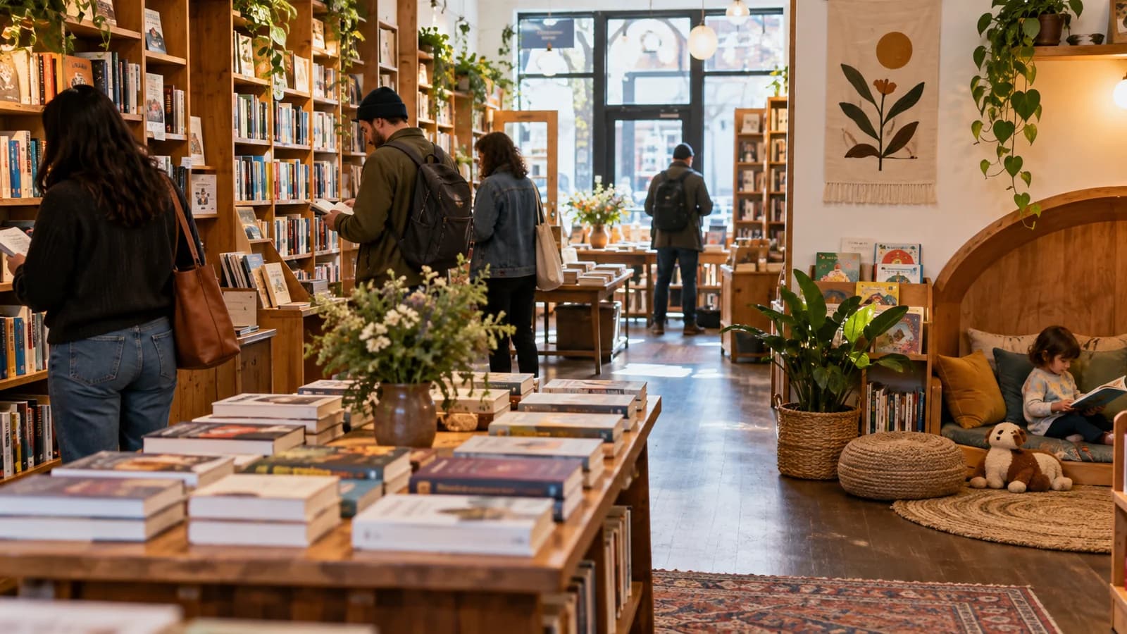 Original editorial scene of adults browsing an independent bookstore beside a cozy children’s reading nook
