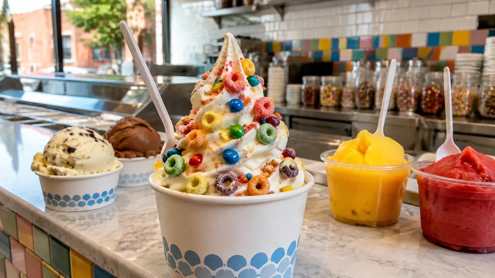 Swirl-style frozen dessert with colorful cereal mix-ins beside ice cream scoops and fruit ices