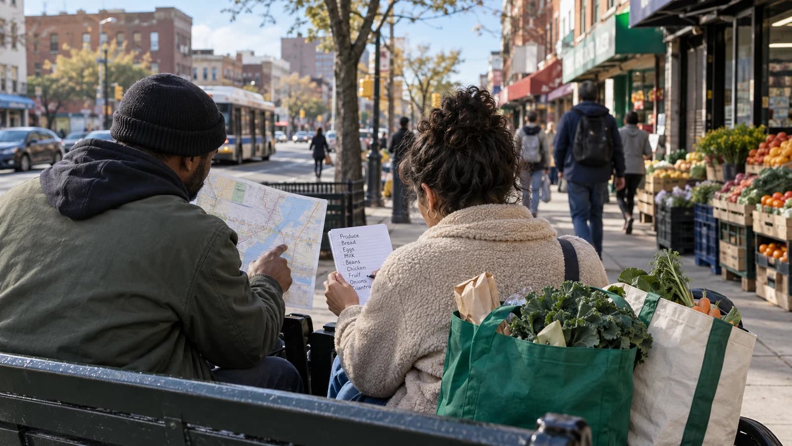 Neighbors planning a Brownsville shopping and services route with reusable bags and a map on a commercial corridor