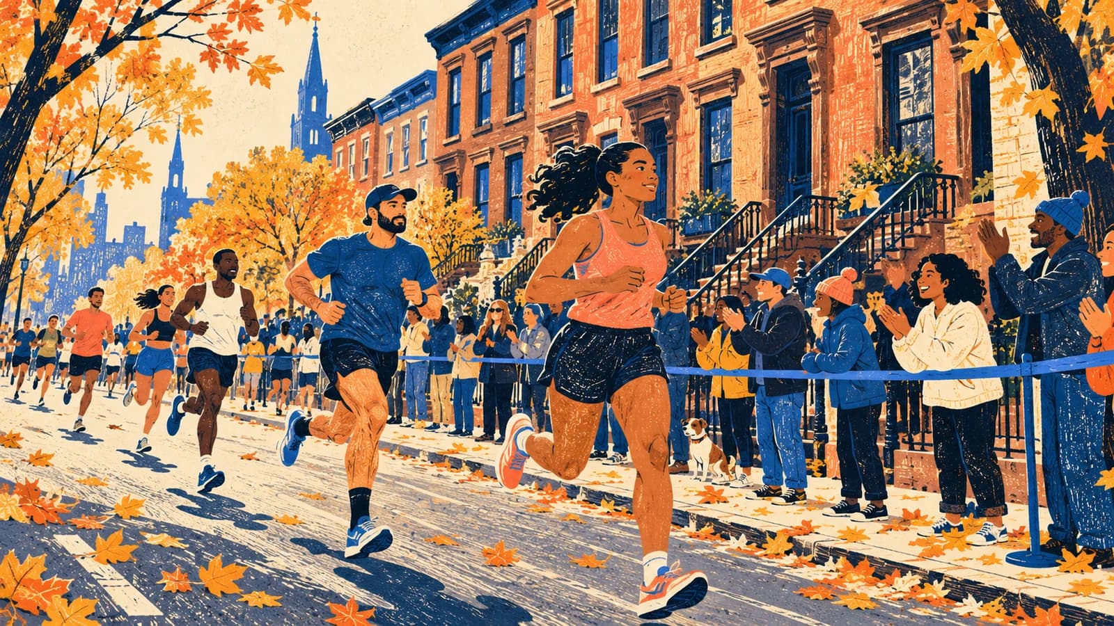 Conceptual illustration of marathon runners beside Brooklyn brownstones, with spectators behind a sidewalk barrier.
