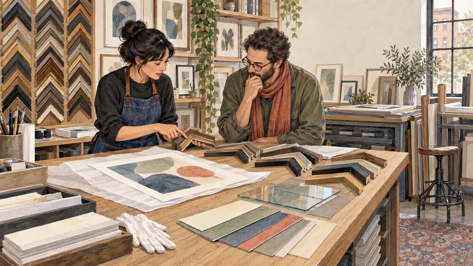 Original editorial watercolor illustration of a craftsperson and customer comparing frame, mat and glazing options around a framing worktable.