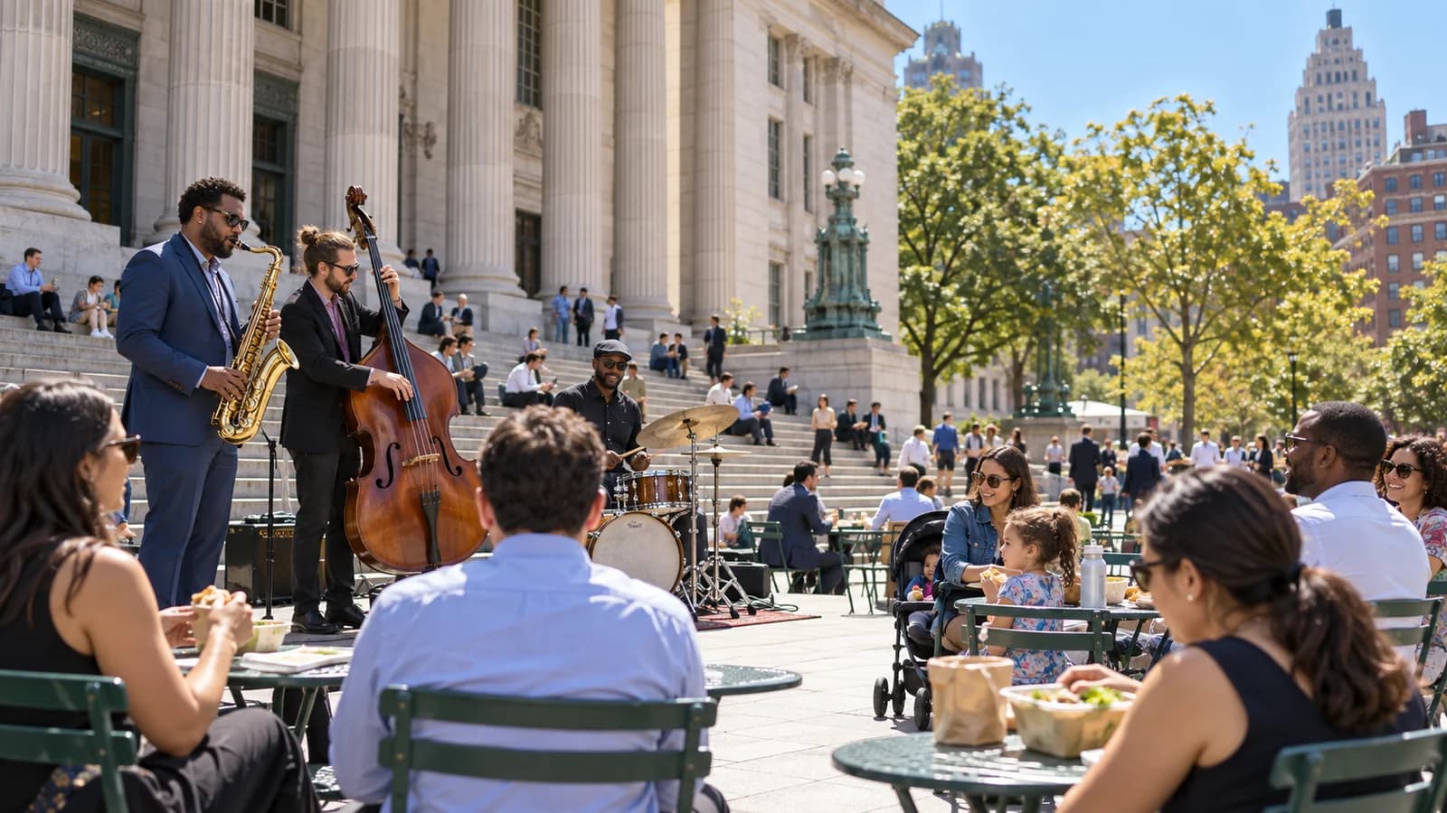 Jazz trio playing outdoors for a lunchtime audience beside Brooklyn Borough Hall