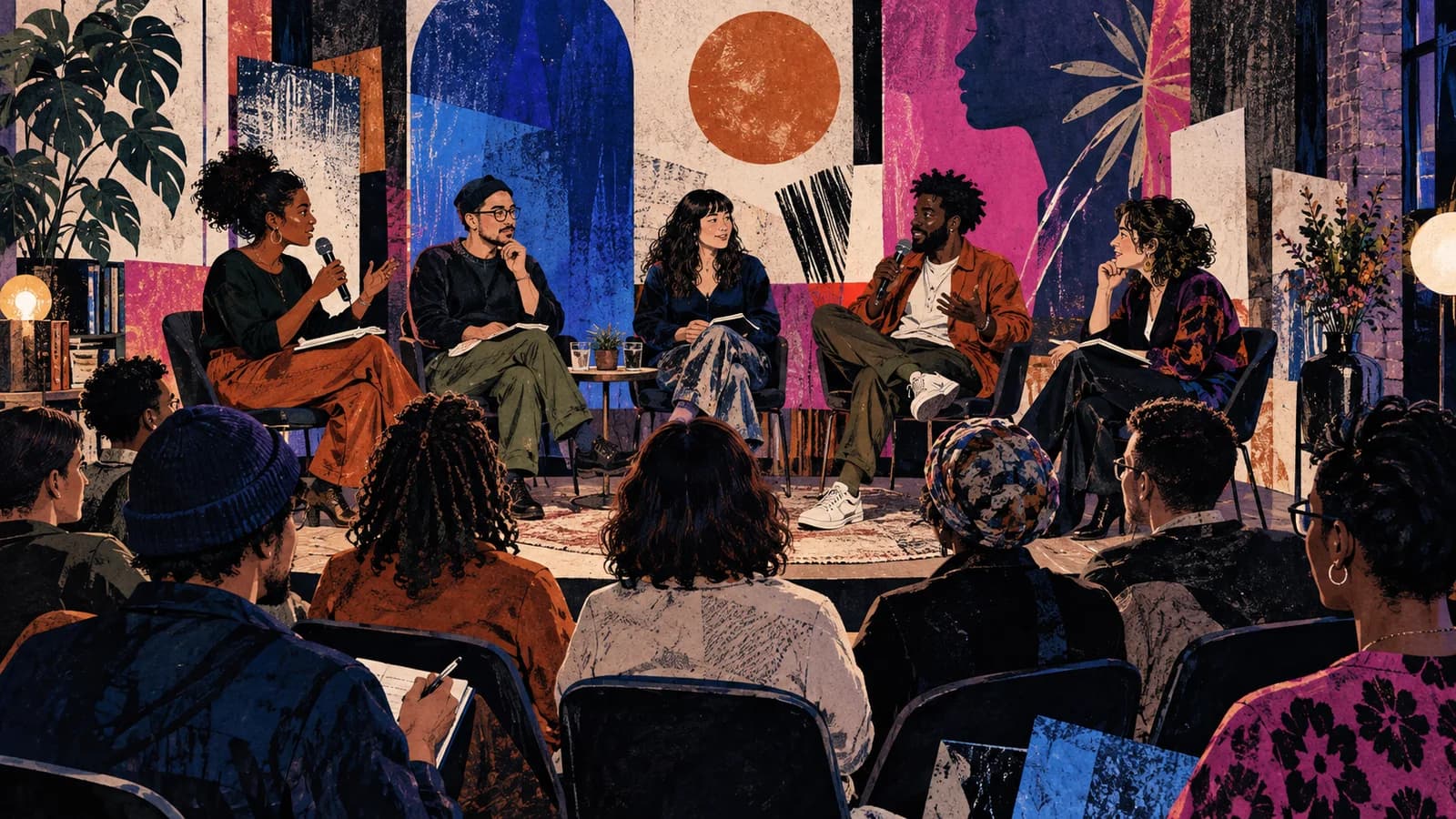 Original mixed-media editorial illustration of artists and writers in a public dialogue before a Brooklyn audience.