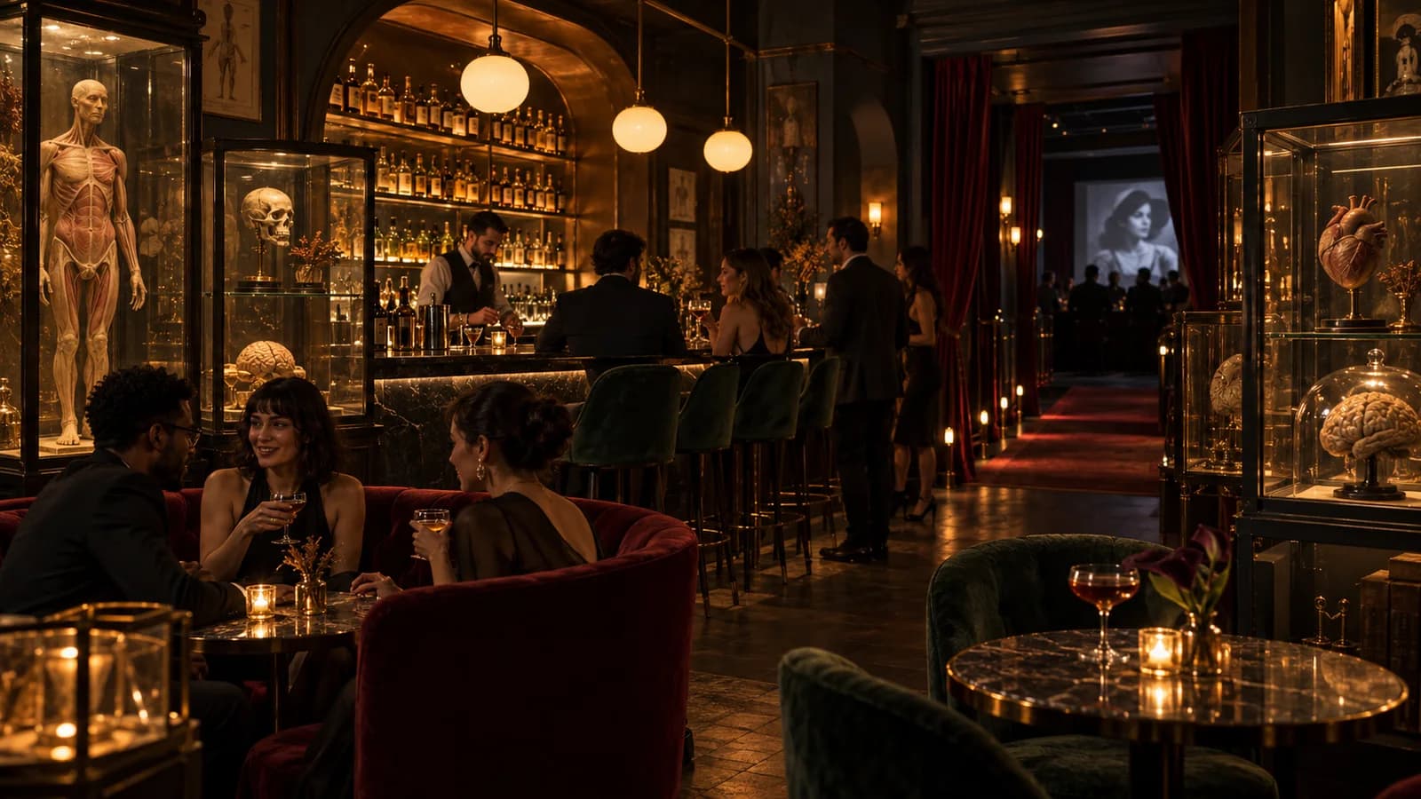 Editorial illustration of an elegant cinema bar with vintage anatomical curios displayed in glass cases.