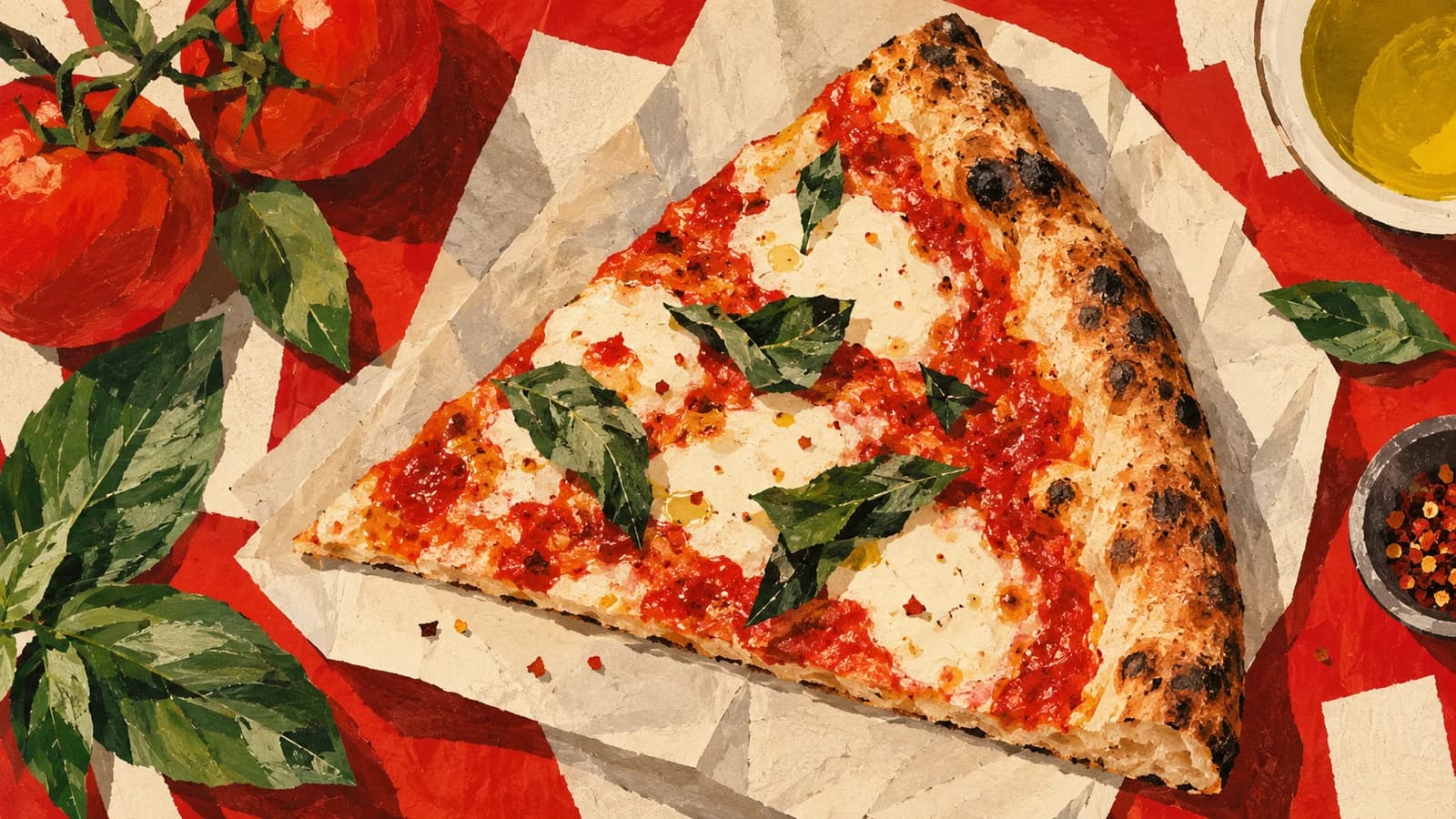 Conceptual editorial illustration for L’Industrie Pizzeria Williamsburg; not a documentary depiction of the establishment.