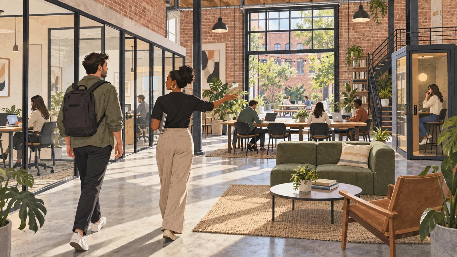 Original editorial illustration of a prospective member touring a warehouse-style Brooklyn coworking space.