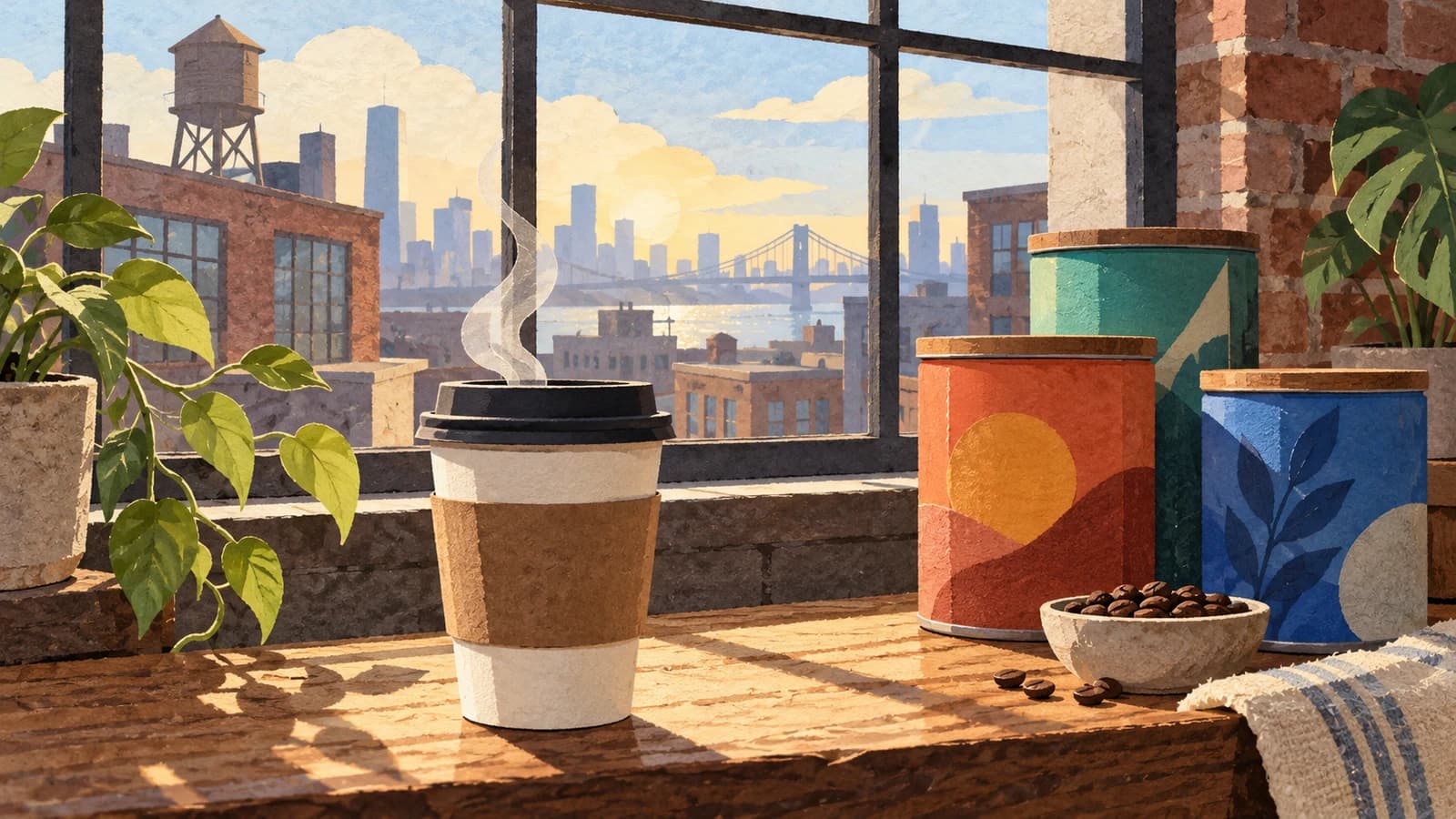 Conceptual editorial illustration for Brooklyn Roasting Company — Flushing Avenue; not a documentary depiction of the venue.