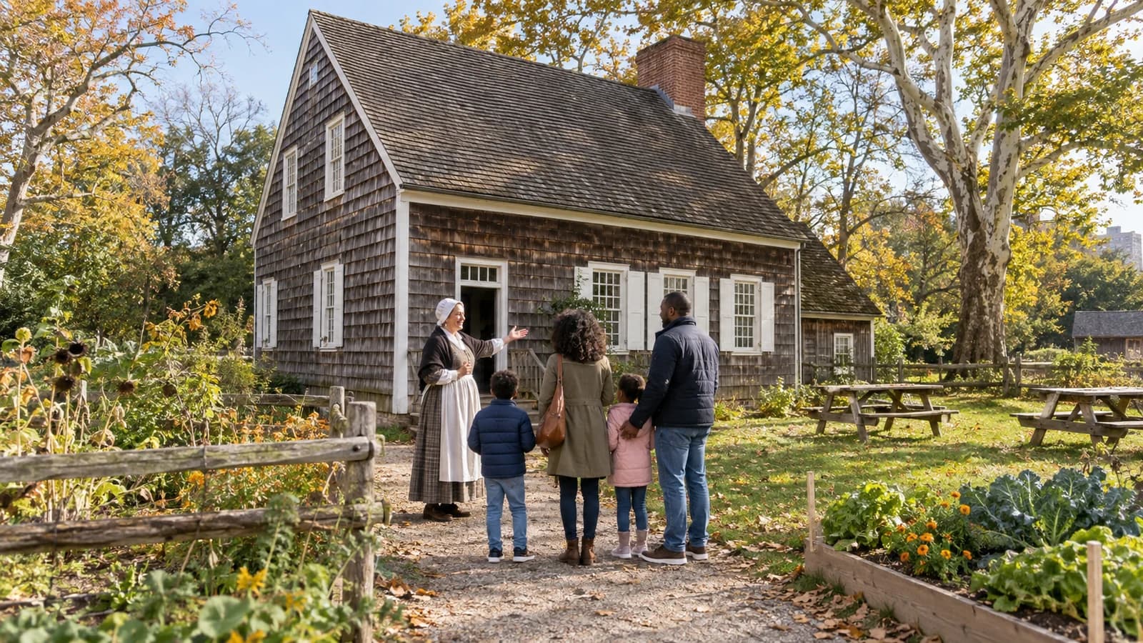 Original editorial image of a family and guide outside the historic Wyckoff farmhouse and garden in East Flatbush