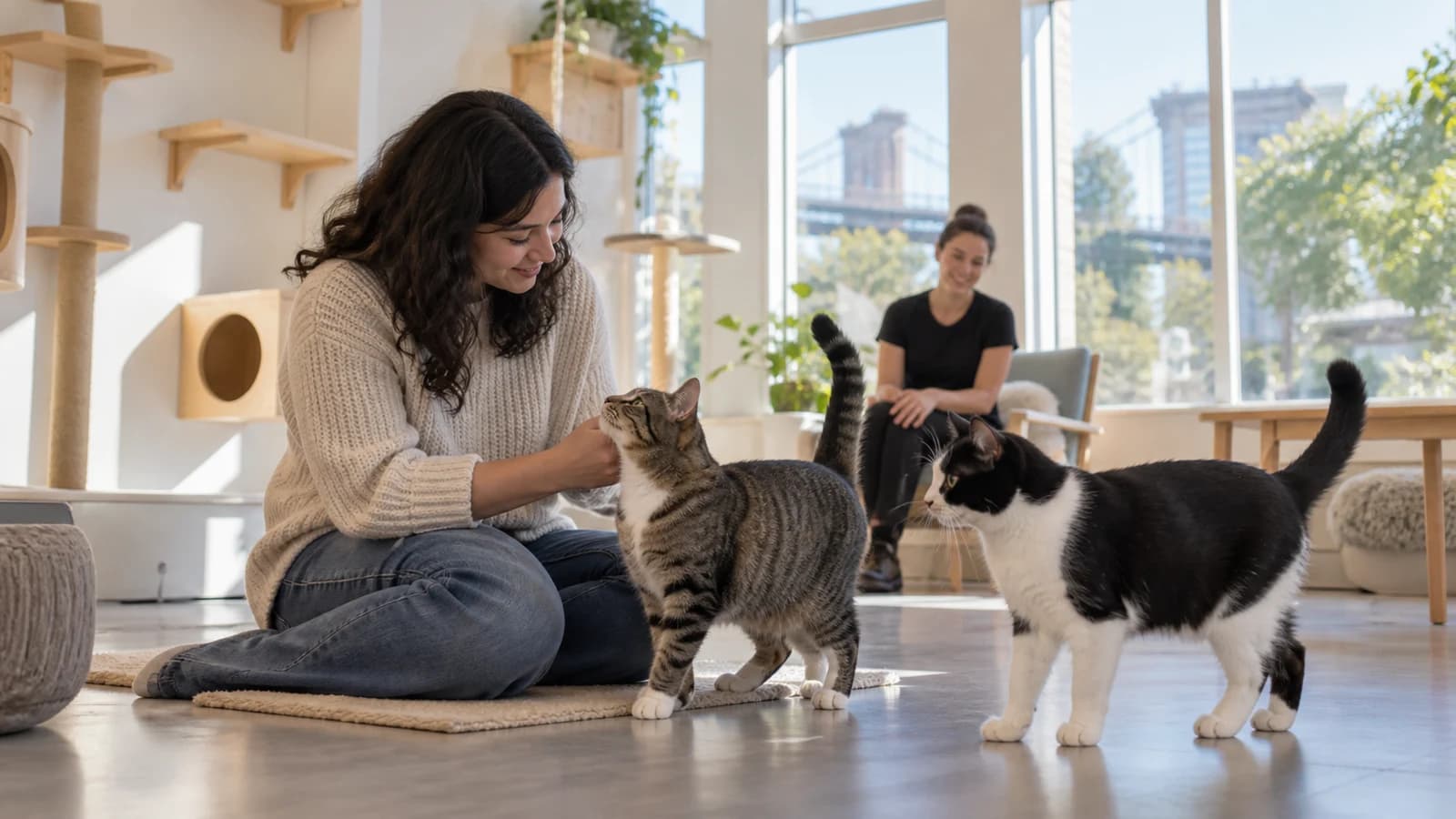 Original editorial image of two rescue cats meeting a visitor in a bright calm Brooklyn adoption lounge