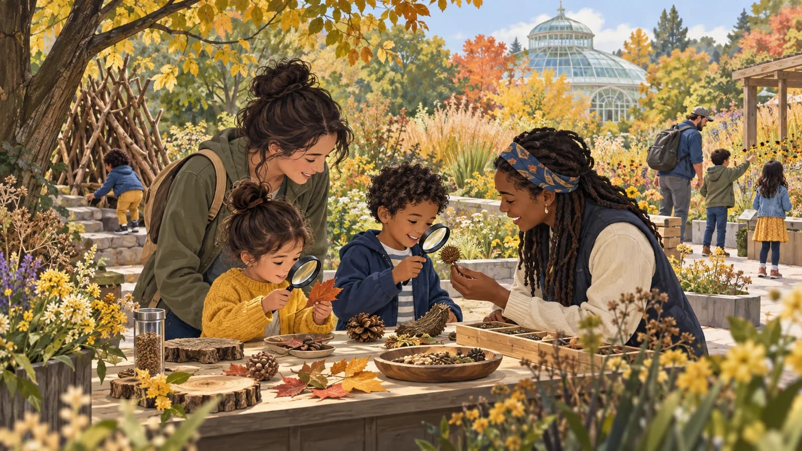 Families explore leaves, seed pods and magnifiers at an outdoor Brooklyn garden activity table in fall.