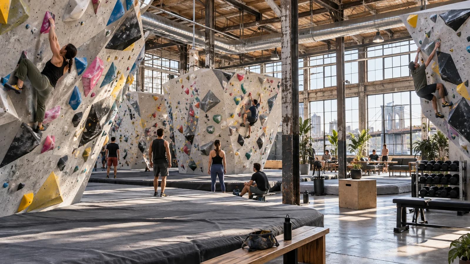 Climbers using varied bouldering walls in a bright industrial DUMBO gym with padded floors