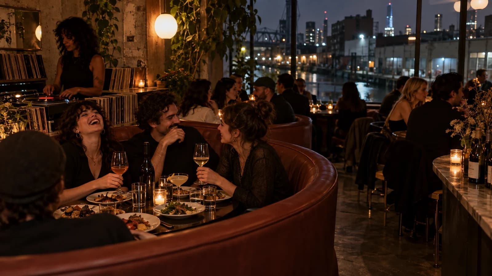Gowanus natural wine bar with curved booths, dinner plates and a vinyl DJ