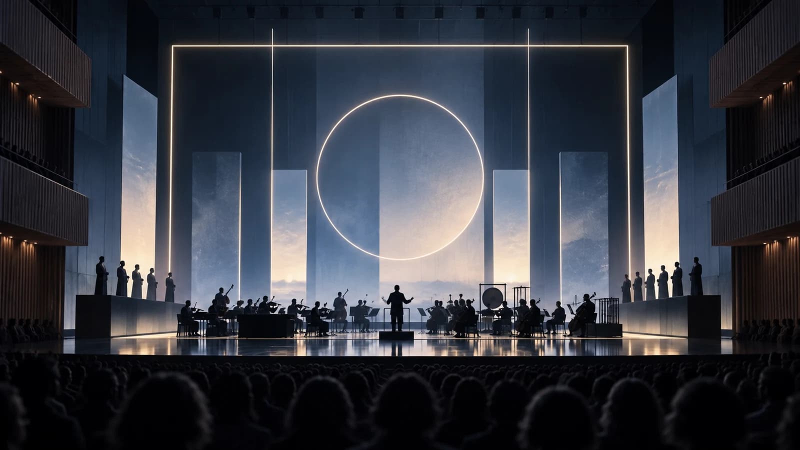 Illustration of a minimalist concert stage with musicians, singers and geometric light forms before a large audience.