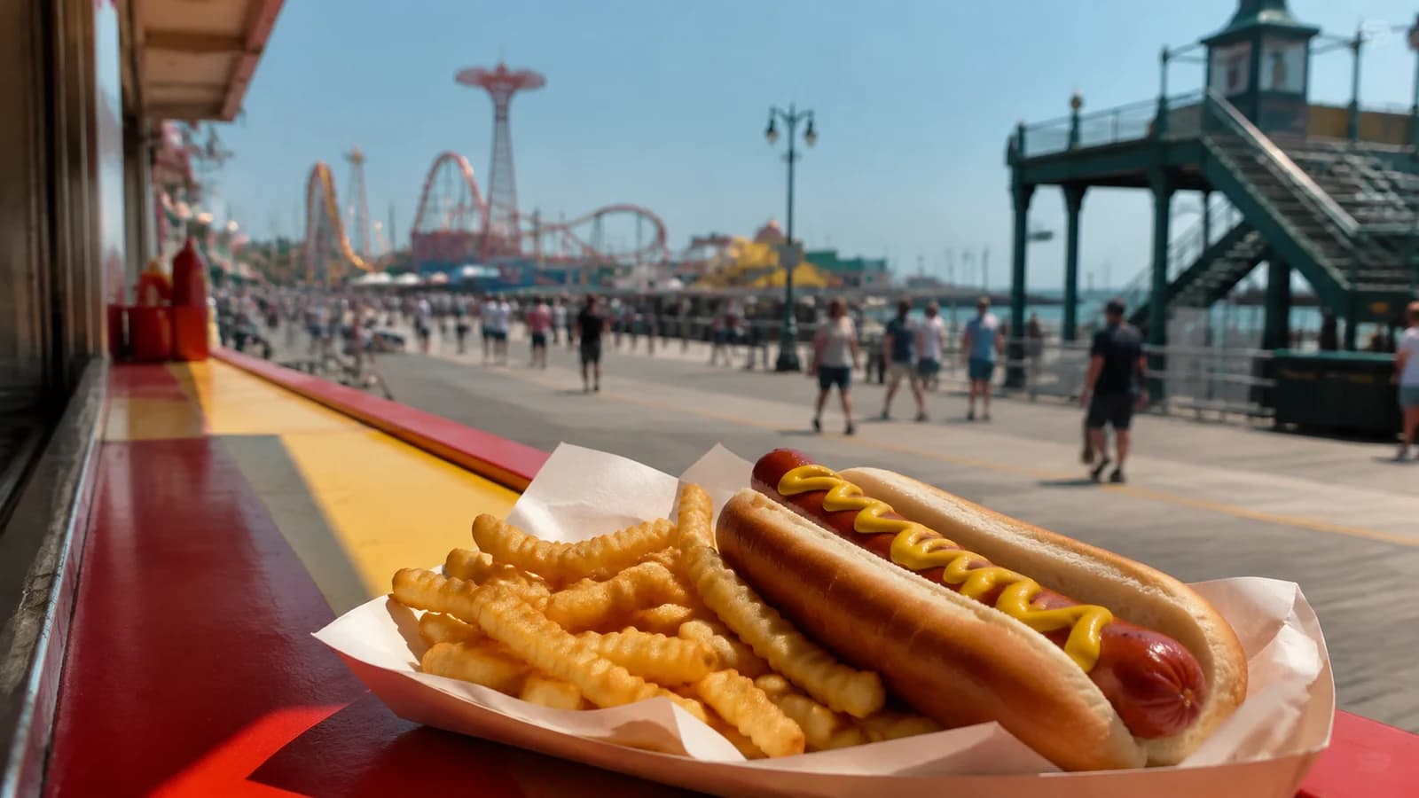 Hot dog with mustard and crinkle-cut fries on an unbranded tray beside the Coney Island boardwalk