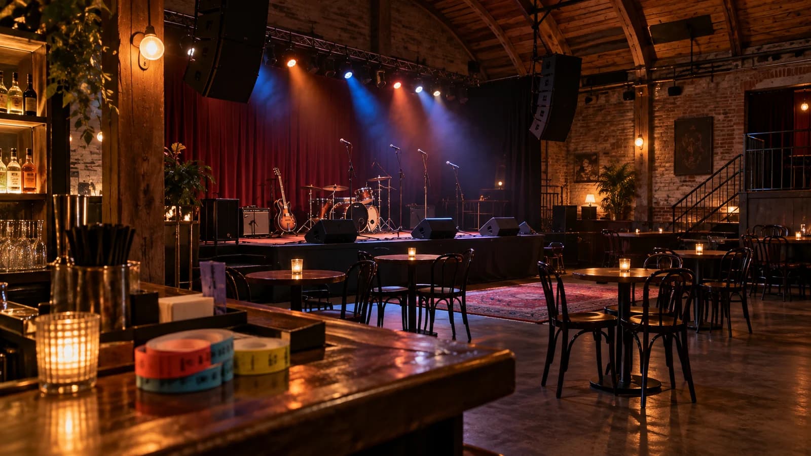 An empty Brooklyn warehouse performance room with stage lights, microphones and small tables before a show.