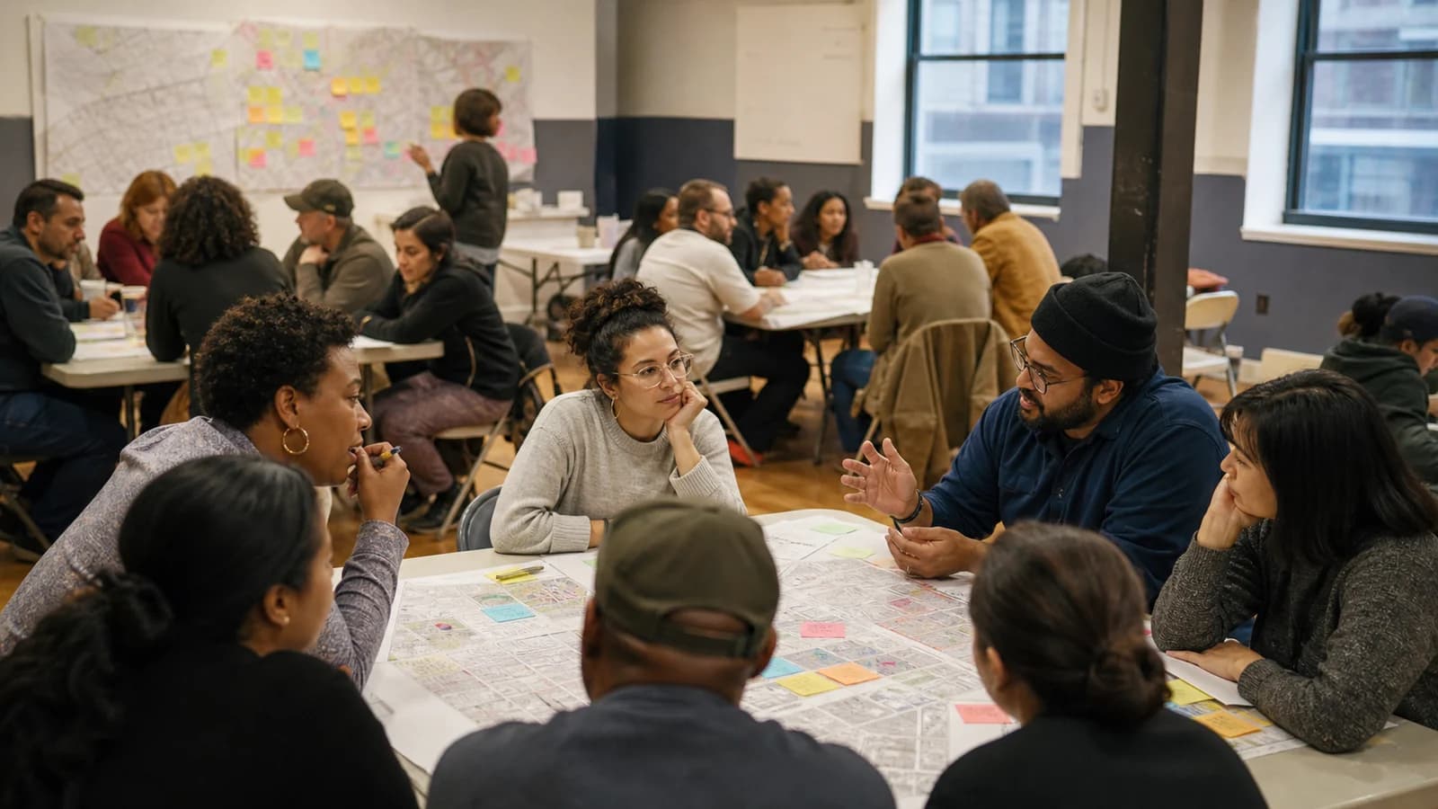 Brooklyn neighbors discussing neighborhood maps around tables at a community planning workshop
