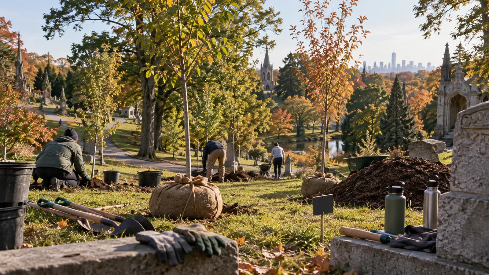 A fall tree-planting setup with saplings, gloves and tools in a historic Brooklyn cemetery landscape.