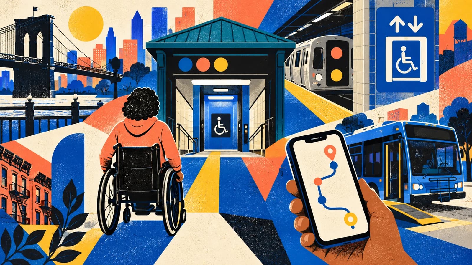 Editorial illustration of a wheelchair user approaching a subway elevator with a bus and route map nearby