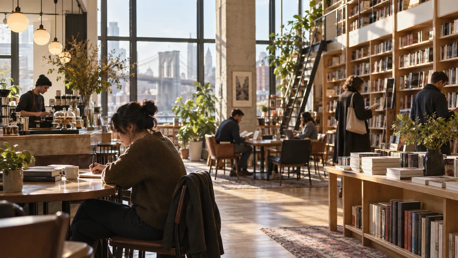 Original editorial scene of readers browsing and writing in a sunlit Brooklyn literary center with a bookstore and cafe