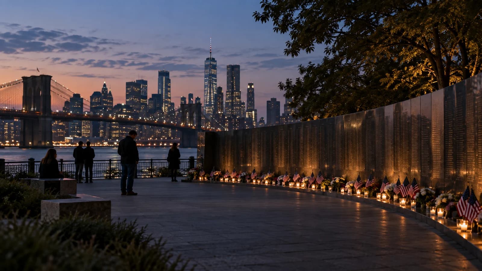 Brooklyn residents gathering quietly with candles and small flags at a waterfront memorial at dusk