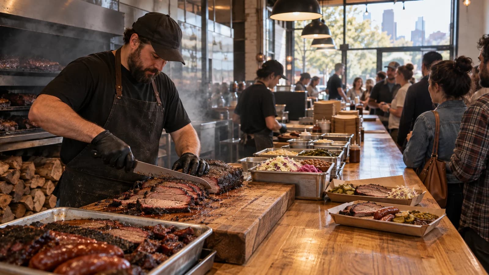 Original editorial image of brisket being sliced at a busy Greenpoint Texas-style barbecue counter