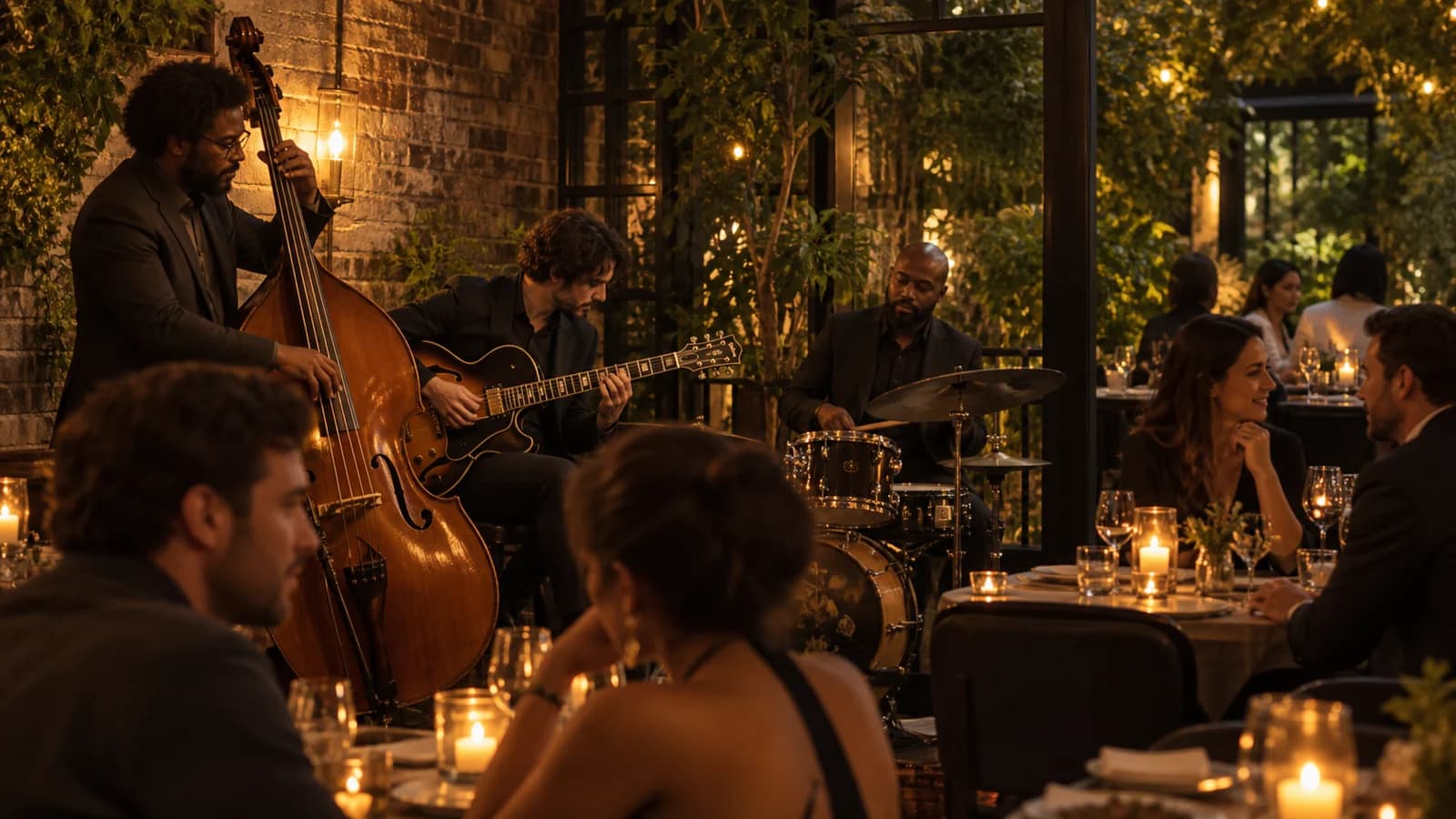 Original editorial image of a jazz trio performing among candlelit dinner tables in Williamsburg